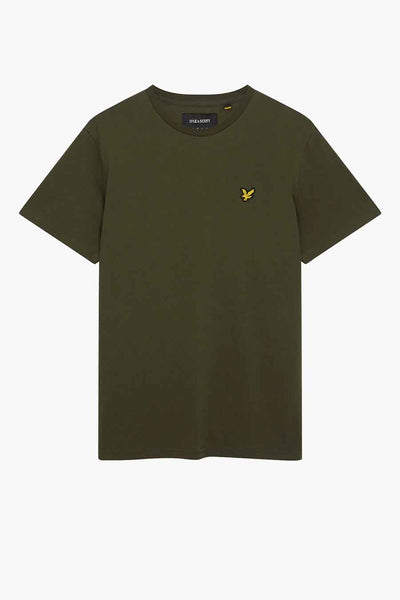 Olive green short-sleeve t-shirt by Lyle & Scott with small yellow eagle embroidery on chest, crew neck, front view
