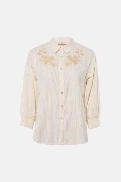 Chemise à manches courtes multicolore à rayures fines et broderie florale dorée, par FREEQUENT, vue de face