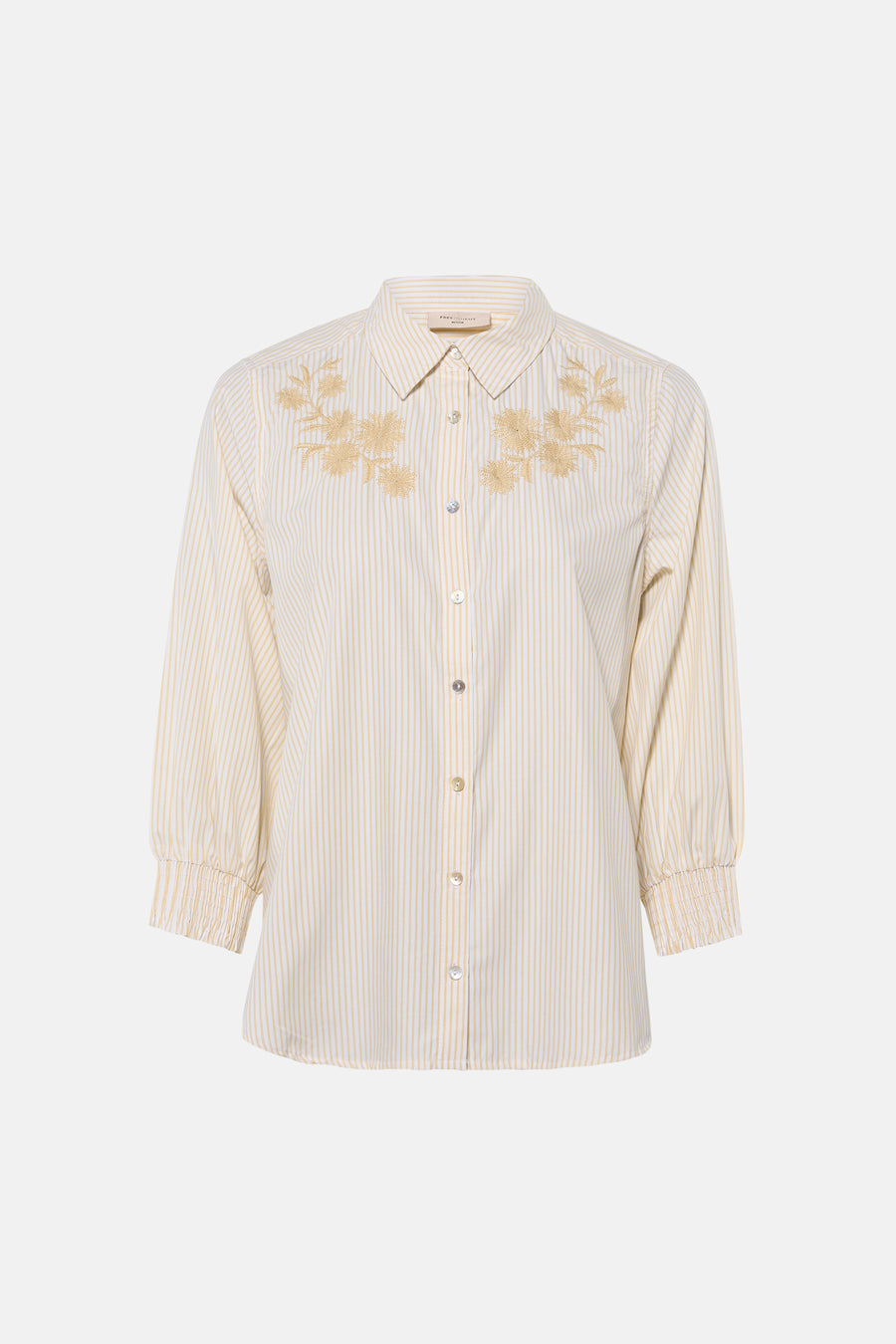 Chemise à manches courtes multicolore à rayures fines et broderie florale dorée, par FREEQUENT, vue de face