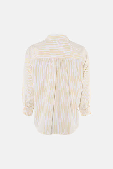 Chemise à manches courtes multicolore à rayures fines jaune et blanc, vue dos, par FREEQUENT, avec plis au dos et poignets élastiqués