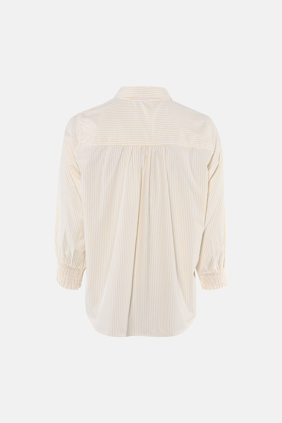 Chemise à manches courtes multicolore à rayures fines jaune et blanc, vue dos, par FREEQUENT, avec plis au dos et poignets élastiqués