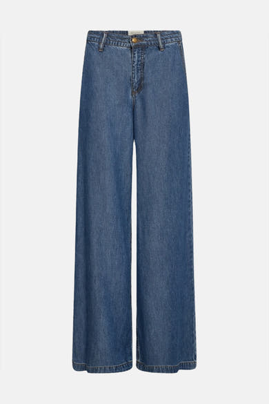 Mid blue wide-leg denim jeans by MILO, featuring a classic five-pocket design and straight front view.