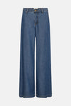 Mid blue wide-leg denim jeans by MILO, featuring a classic five-pocket design and straight front view.
