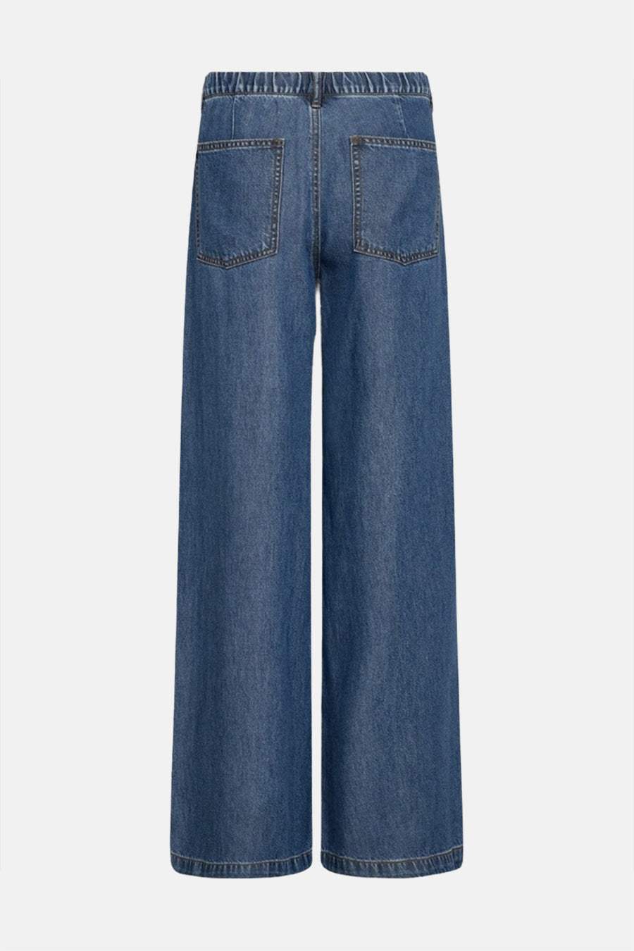 Mid blue wide-leg denim jeans with elastic waistband and back pockets, shown from rear view