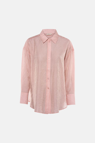 Pink long-sleeve shirt with shimmering texture and button-down front, by Zara, shown in front view.
