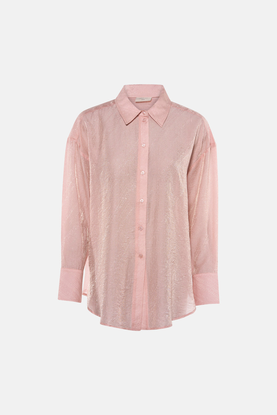 Pink long-sleeve shirt with shimmering texture and button-down front, by Zara, shown in front view.