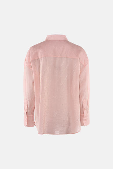 Pink long-sleeve shirt with textured fabric and buttoned cuffs, back view, relaxed fit