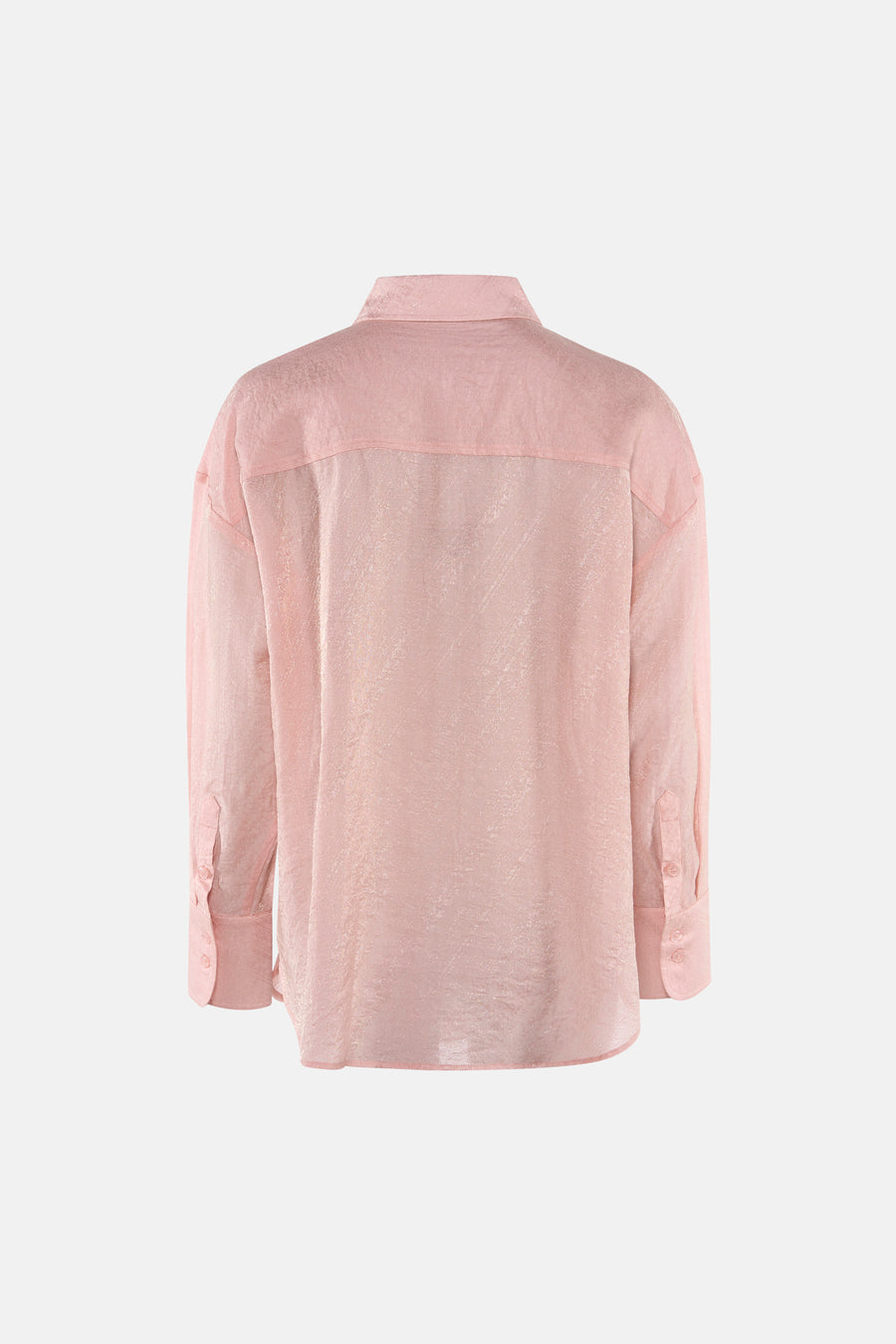 Pink long-sleeve shirt with textured fabric and buttoned cuffs, back view, relaxed fit