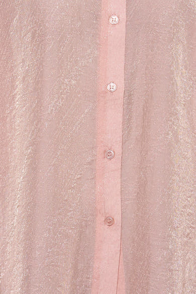 Rose long-sleeve blouse with shimmering texture and front button placket, close-up view