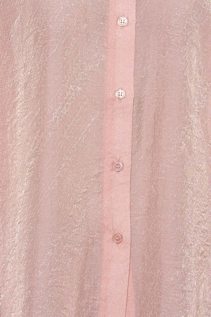 Rose long-sleeve blouse with shimmering texture and front button placket, close-up view