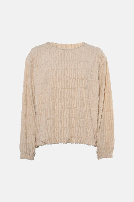 Beige textured sweatshirt with ribbed pattern and frayed edges, front view