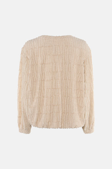 Beige textured crewneck sweatshirt with ribbed pattern and frayed edges, back view