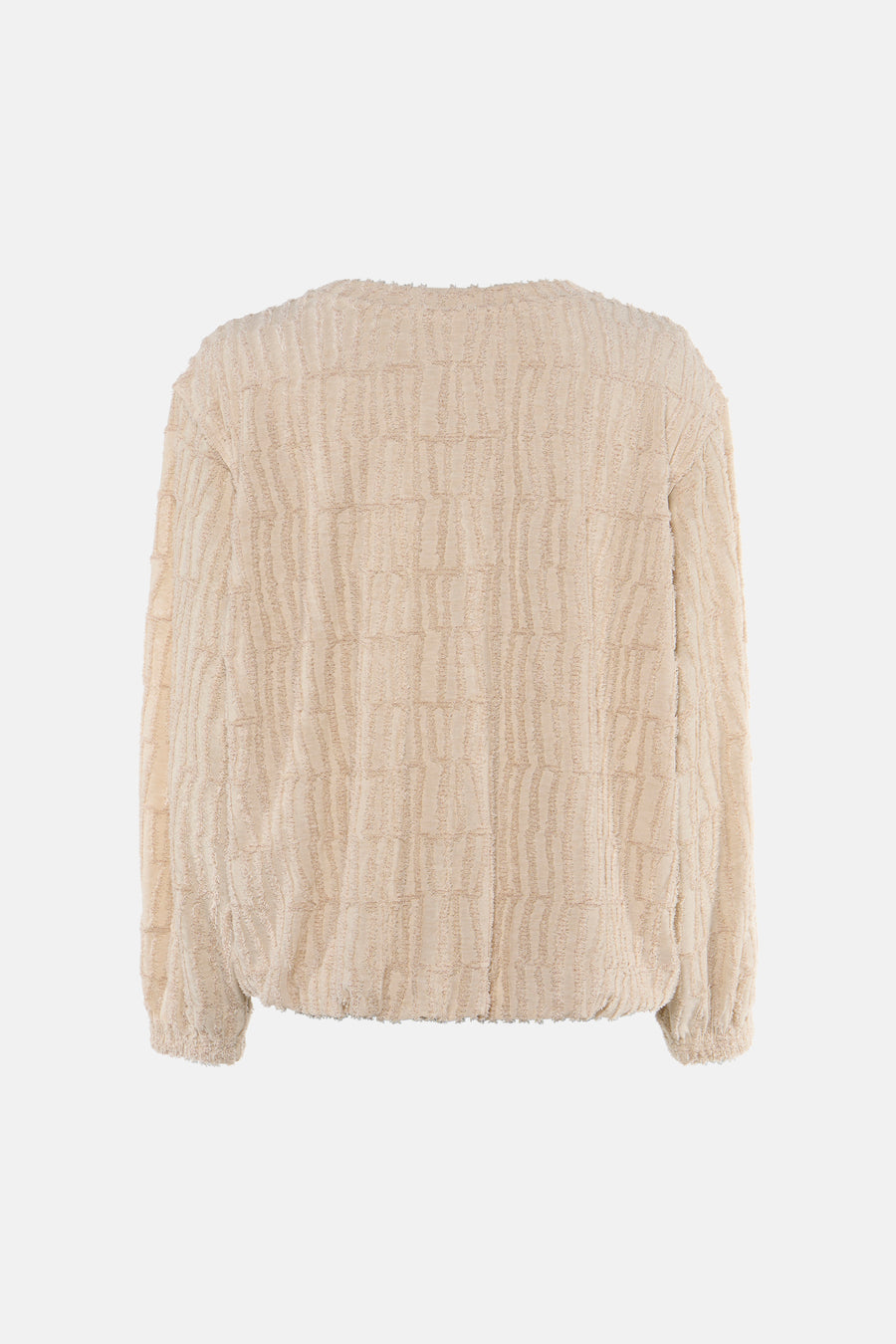 Beige textured crewneck sweatshirt with ribbed pattern and frayed edges, back view