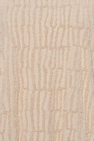 Beige O-neck sweatshirt with textured geometric pattern and subtle shimmer, close-up view