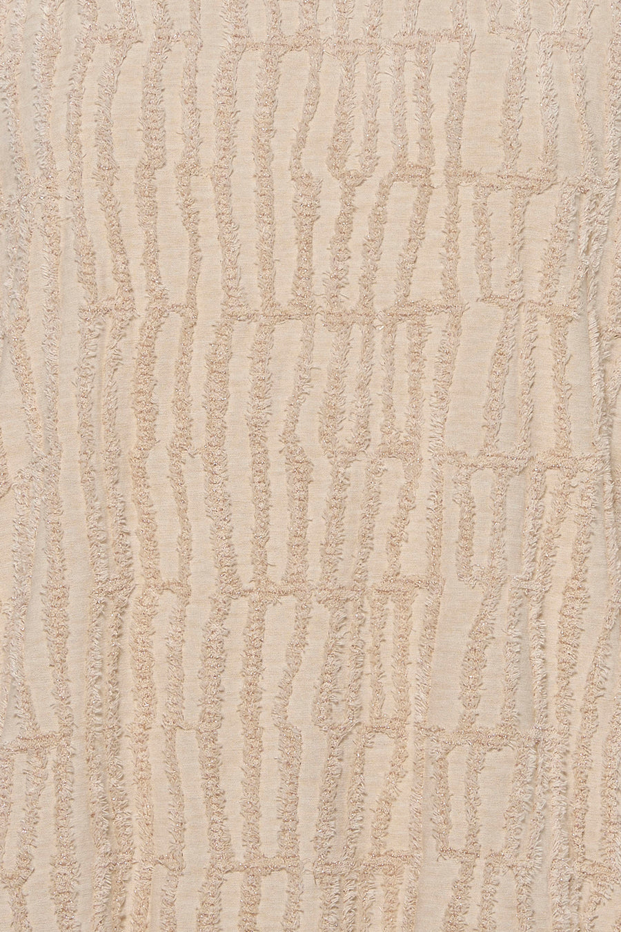 Beige O-neck sweatshirt with textured geometric pattern and subtle shimmer, close-up view