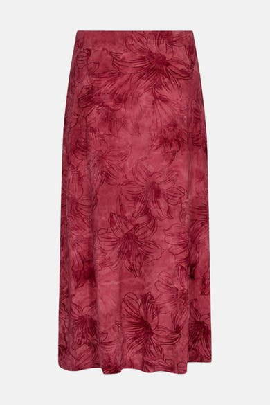 Jupe longue rouge à motif floral, vue de face, FREEQUENT