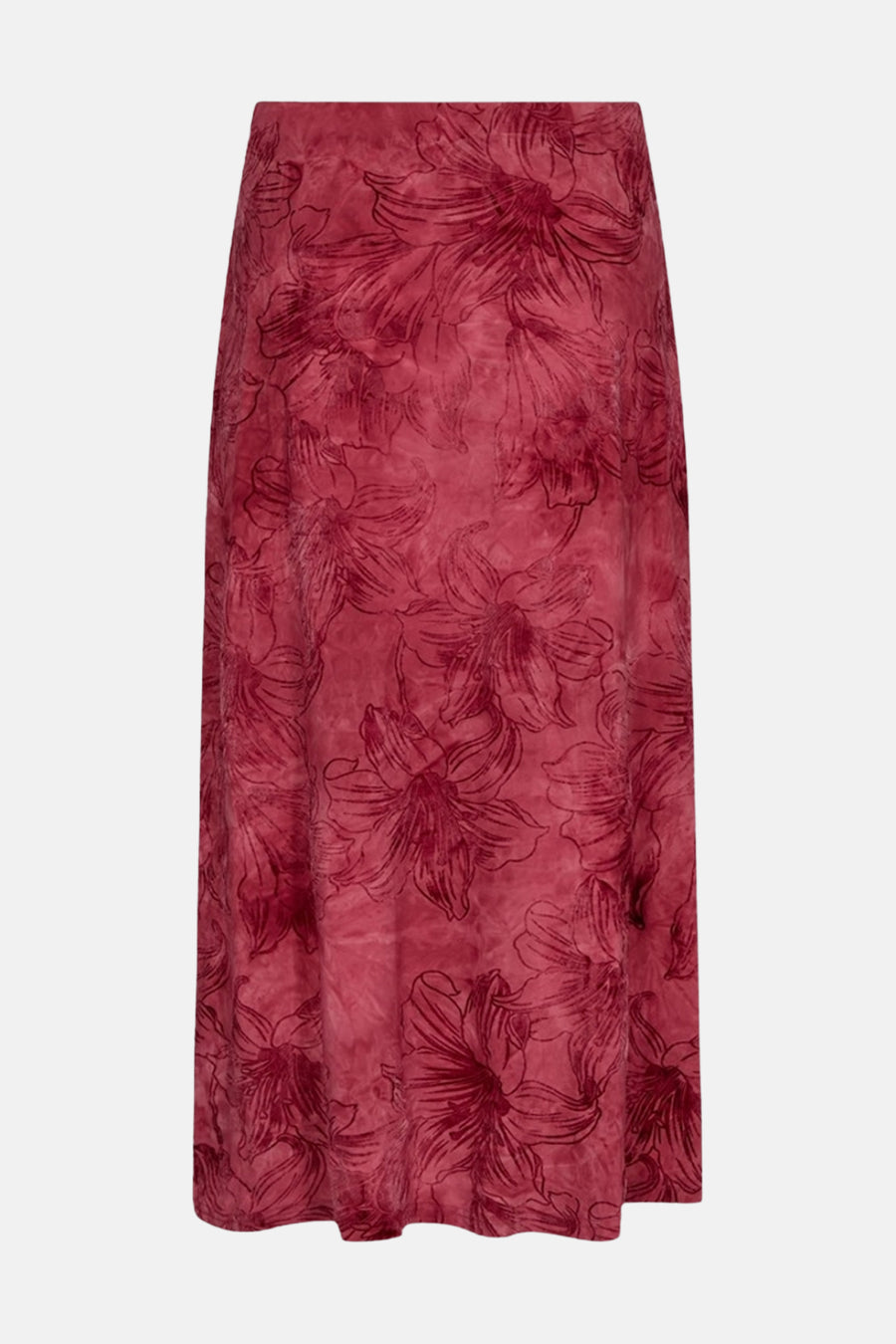 Jupe longue rouge à motif floral, vue de face, FREEQUENT