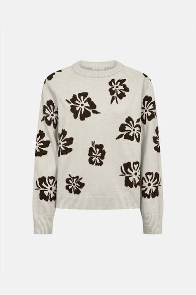 Cream-colored crewneck sweater with black floral intarsia pattern, ribbed cuffs and hem, front view