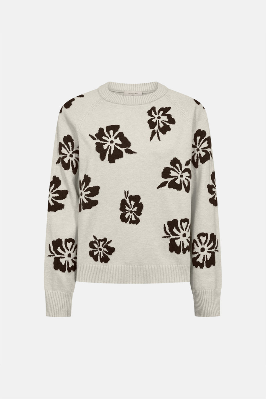 Cream-colored crewneck sweater with black floral intarsia pattern, ribbed cuffs and hem, front view