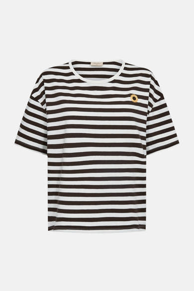 Multicolored short-sleeve striped T-shirt by Free People with small sunflower patch on chest, front view
