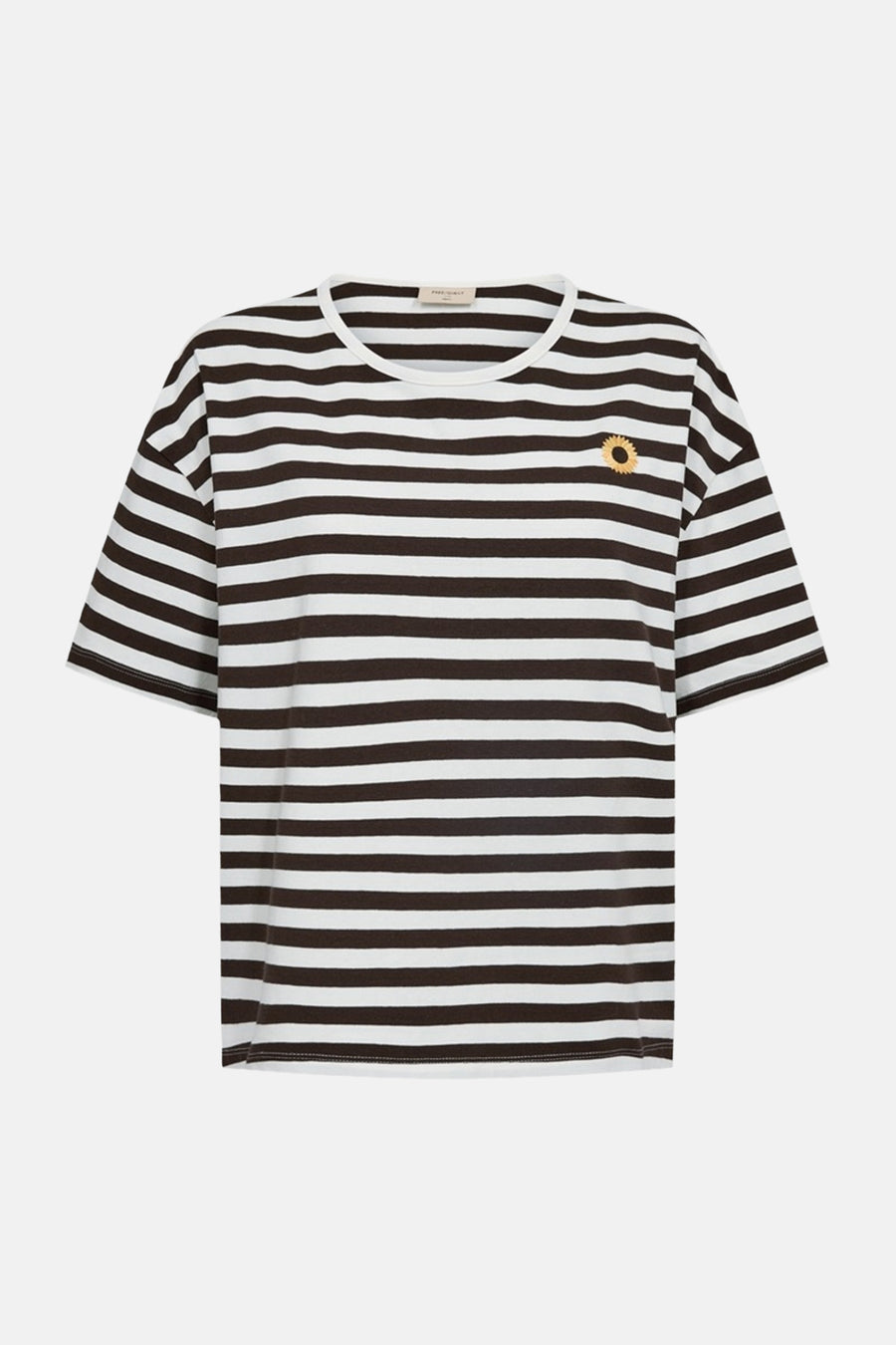Multicolored short-sleeve striped T-shirt by Free People with small sunflower patch on chest, front view