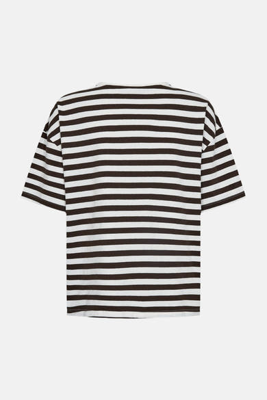 Multicolored short-sleeve t-shirt with horizontal brown and white stripes, back view, relaxed fit