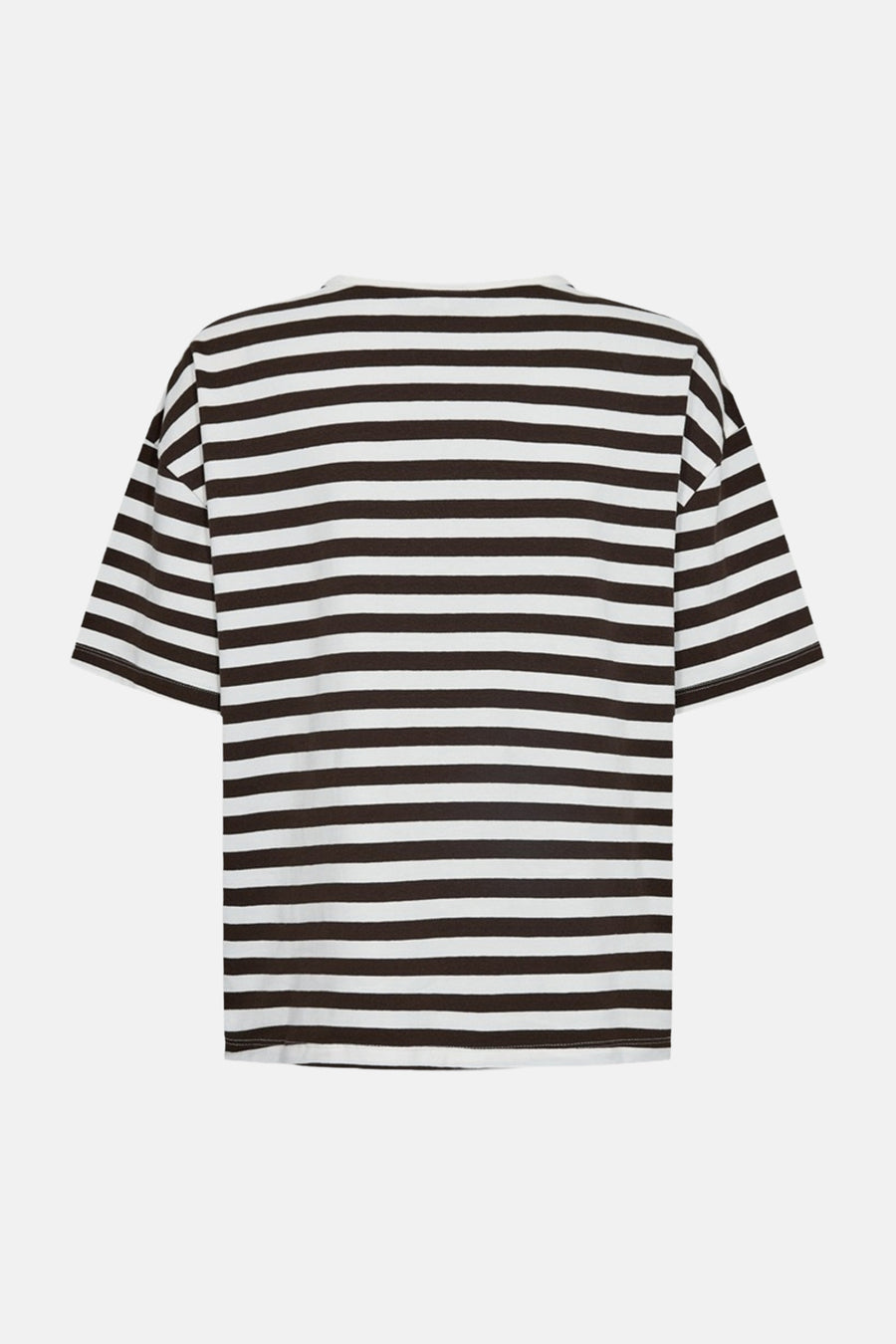 Multicolored short-sleeve t-shirt with horizontal brown and white stripes, back view, relaxed fit