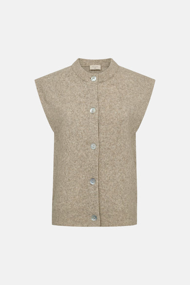Beige sleeveless knit gilet by Freespirit with silver buttons and ribbed texture, front view
