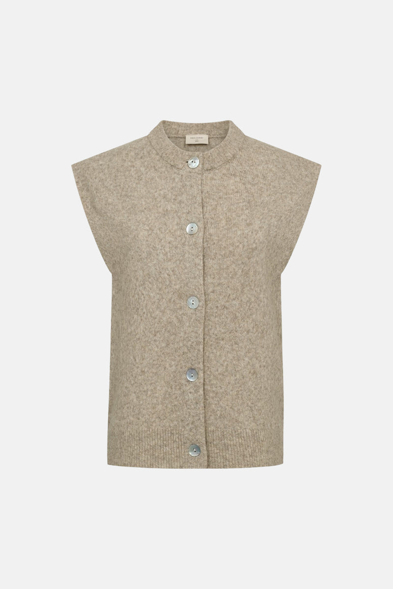 Beige sleeveless knit gilet by Freespirit with silver buttons and ribbed texture, front view