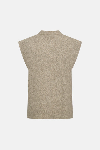 Beige sleeveless knit gilet with ribbed neckline and hem, back view, textured marled fabric