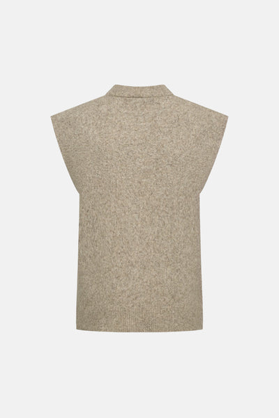 Beige sleeveless knit gilet with ribbed neckline and hem, back view, textured marled fabric