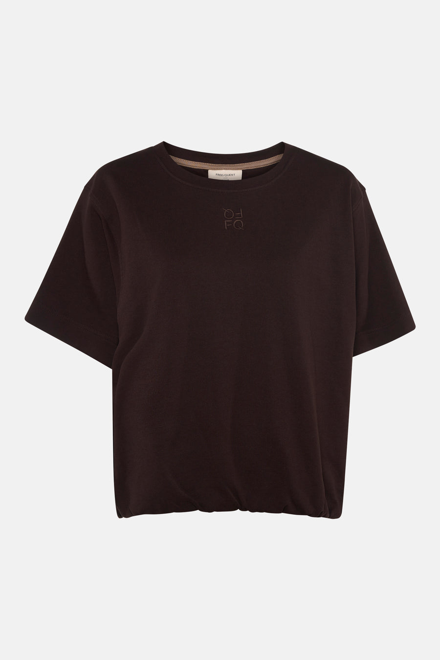 Brown short-sleeve t-shirt by Freequent with subtle logo embroidery, ribbed crew neck, and relaxed fit, front view.