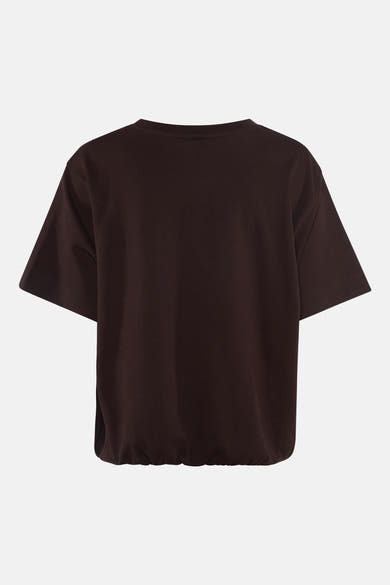Brown short-sleeve t-shirt with ribbed texture and relaxed fit, back view, solid color, soft fabric finish