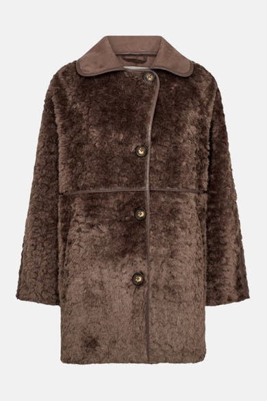 Veste longue taupe FREEQUENT en matière pelucheuse, avec col et fermeture boutonnée