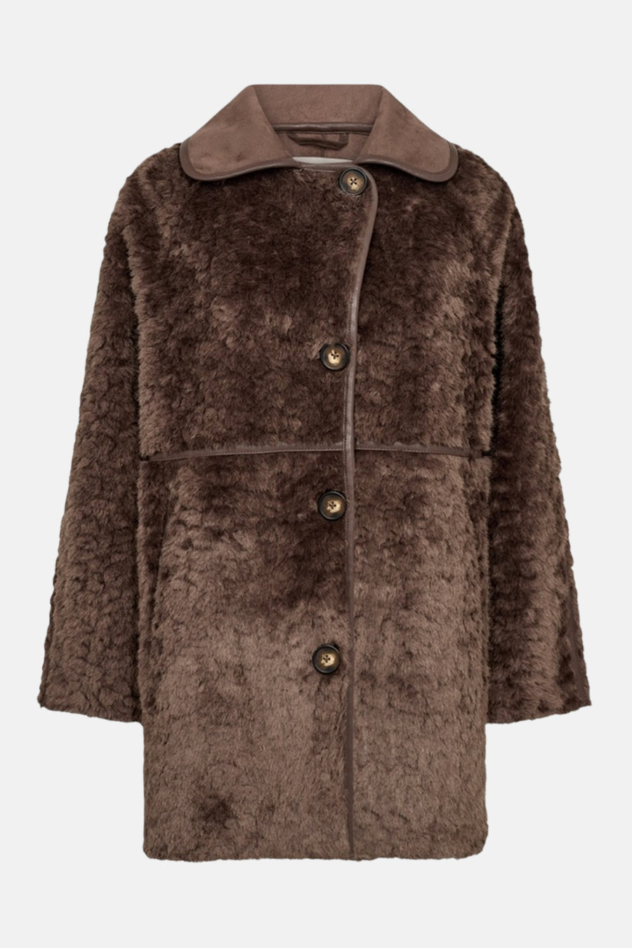 Veste longue taupe FREEQUENT en matière pelucheuse, avec col et fermeture boutonnée