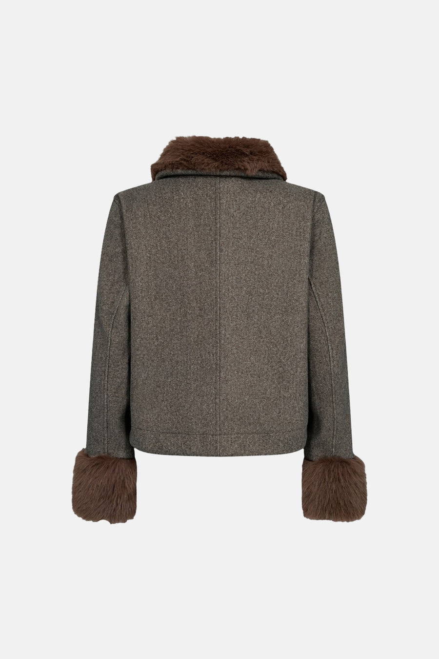 Veste casual taupe FREEQUENT vue de dos, avec col et poignets marron duveteux.