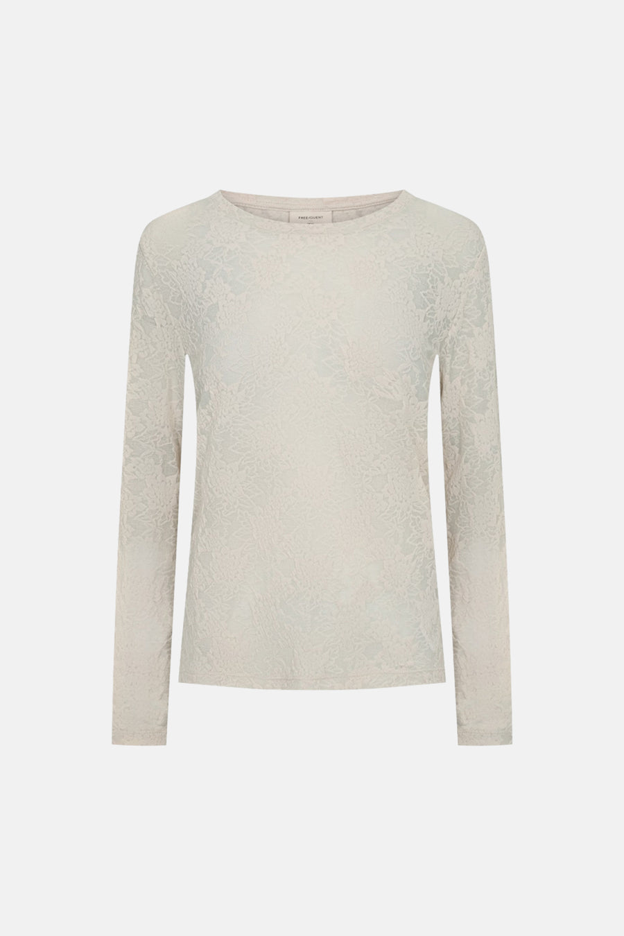 Beige long-sleeve T-shirt by Frequent with floral lace texture, round neckline, front view