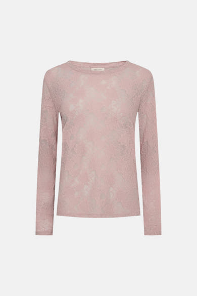 Pink long-sleeve lace t-shirt by Frequent, featuring floral pattern and round neckline, front view