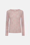 Pink long-sleeve lace t-shirt by Frequent, featuring floral pattern and round neckline, front view