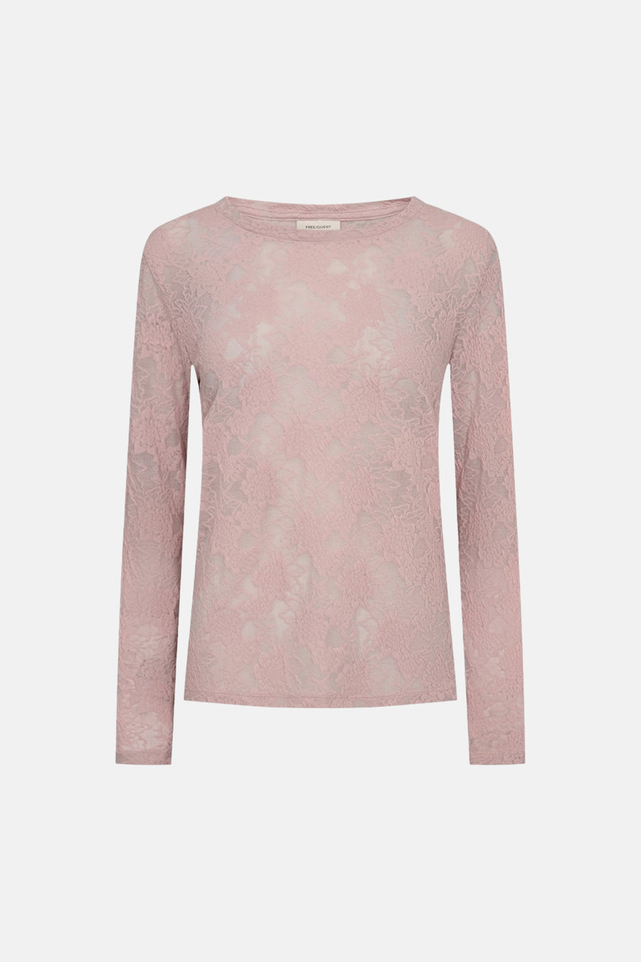 Pink long-sleeve lace t-shirt by Frequent, featuring floral pattern and round neckline, front view