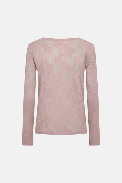 Rose long-sleeve t-shirt with floral lace texture, front view, soft sheer fabric