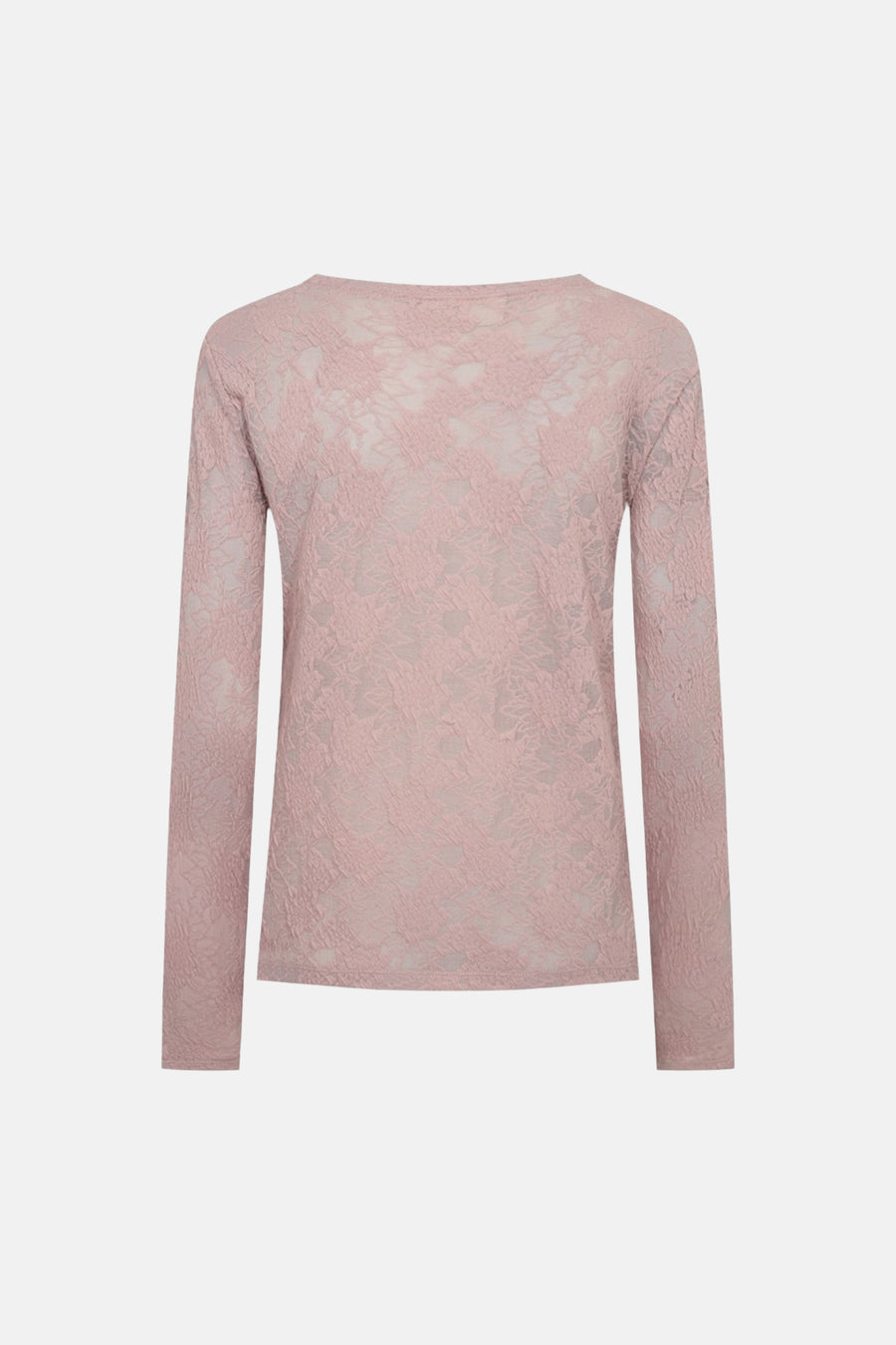 Rose long-sleeve t-shirt with floral lace texture, front view, soft sheer fabric