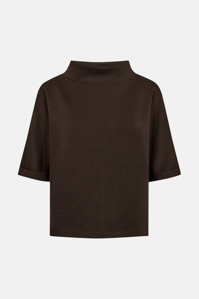 Brown O-neck sweatshirt with short sleeves and ribbed cuffs, front view, solid color, relaxed fit