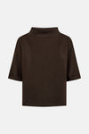 Brown O-neck sweatshirt with short sleeves and ribbed cuffs, front view, solid color, relaxed fit