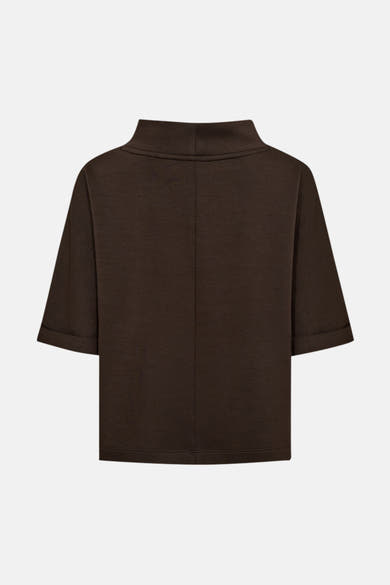Brown O-neck sweatshirt with short sleeves and ribbed cuffs, back view, solid texture