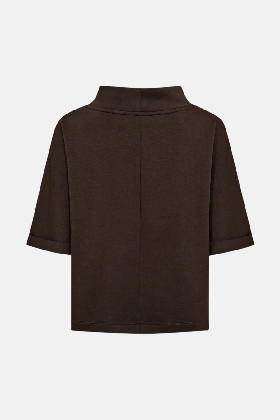Brown O-neck sweatshirt with short sleeves and ribbed cuffs, back view, solid texture