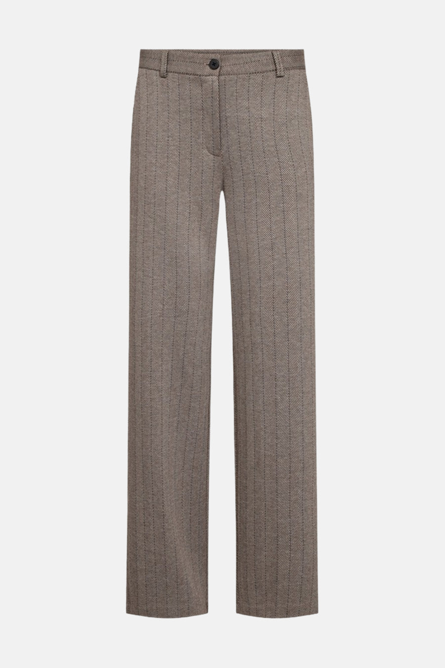 Beige pinstripe suit pants with herringbone texture, front view, straight-leg cut