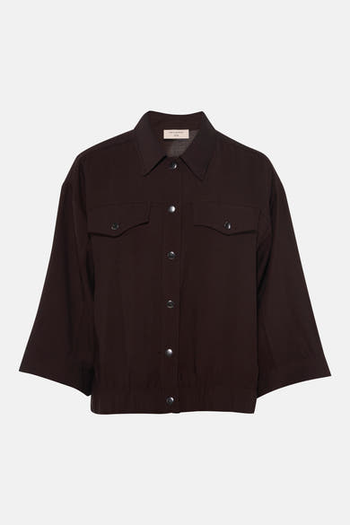 Brown long-sleeve blouse by Frequent with button-front, two chest pockets, and relaxed fit, front view