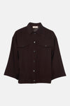Brown long-sleeve blouse by Frequent with button-front, two chest pockets, and relaxed fit, front view