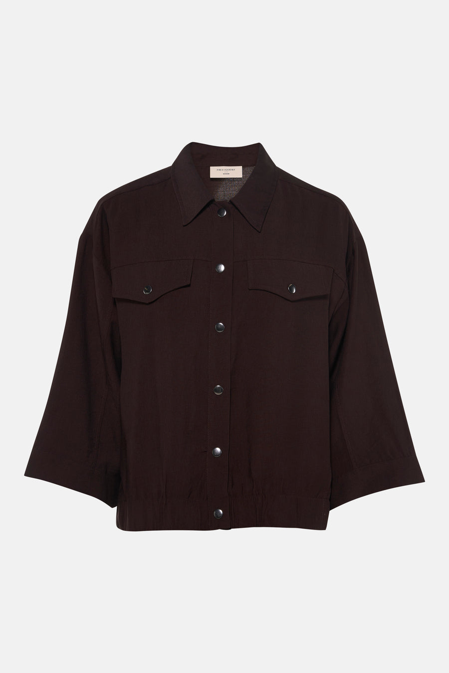 Brown long-sleeve blouse by Frequent with button-front, two chest pockets, and relaxed fit, front view